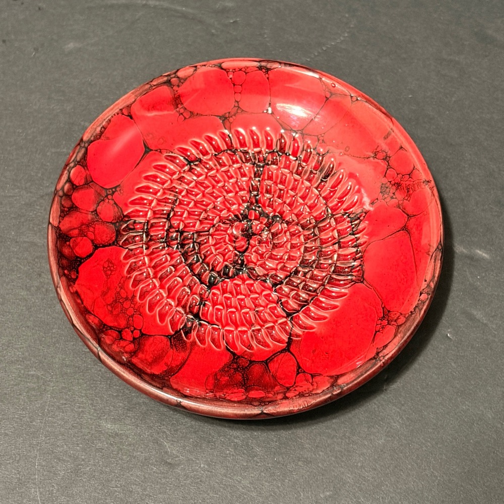 Red Artisan Ceramic Garlic Grater Plate Black Marble Bubble Glaze 4.75 Inch